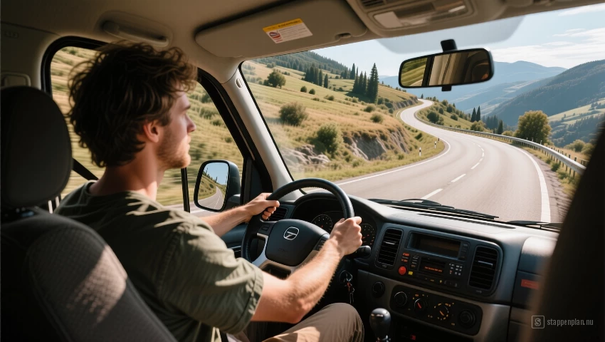 Persoon rijdt een camper op een kronkelende weg.