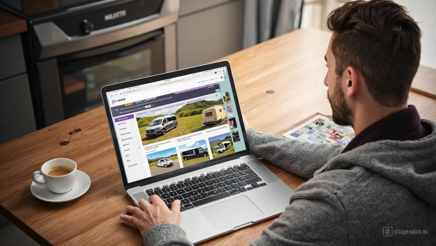 Persoon bekijkt camper aanbiedingen op een laptop.