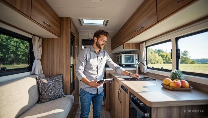 Persoon inspecteert de binnenkant van een camper en controleert de apparaten.