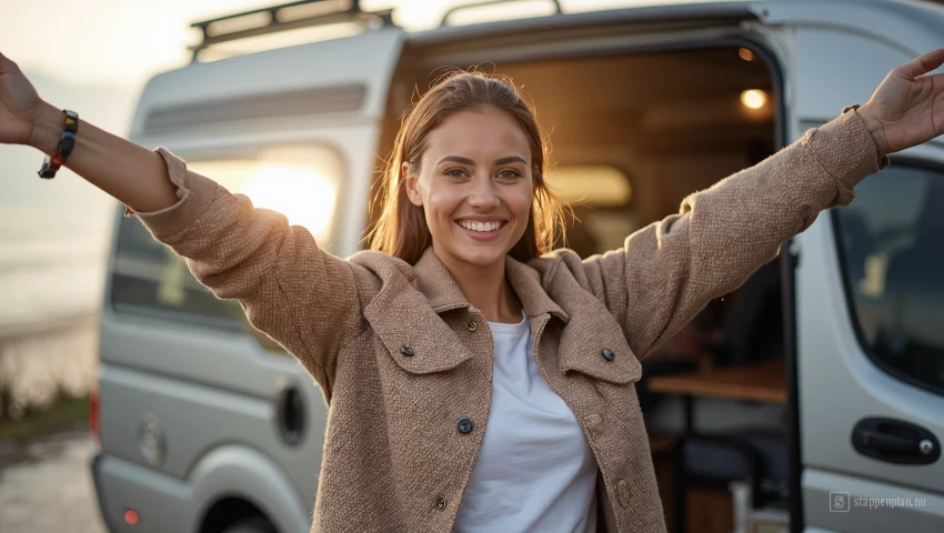 Persoon viert een succesvolle camper aankoop met een glimlach.