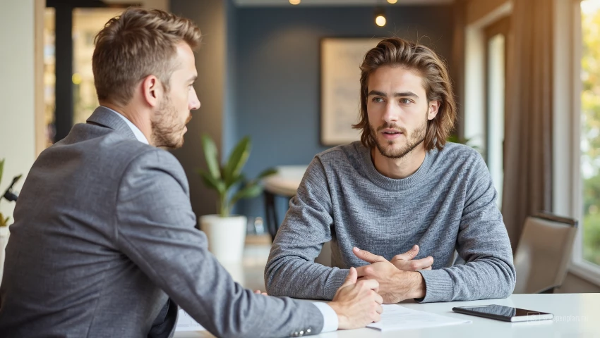 Een persoon die beleefd maar standvastig zijn bod uitlegt aan de verkoper.