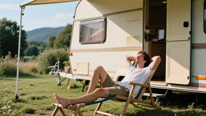 Een persoon die ontspant buiten een caravan in een rustige omgeving.