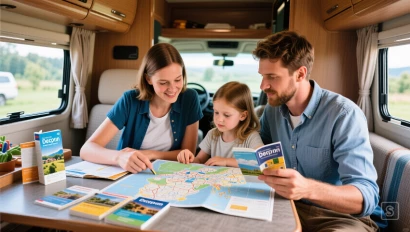 Familie die een camperreis plant en kaarten en reisgidsen bekijkt.