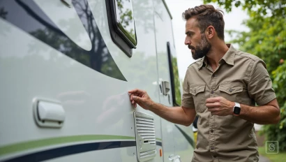 Een persoon inspecteert de buitenkant van een caravan op deuken en krassen.