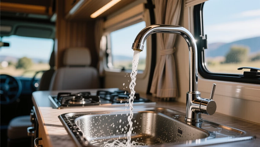 Camperbus keuken kraan met stromend water.