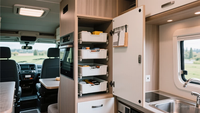 Interieur van een camperbus keuken kastje, met de binnenste opbergruimte.