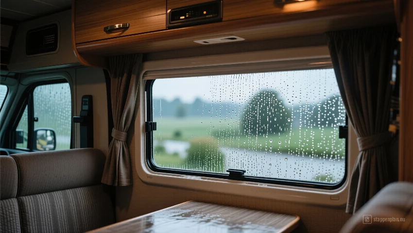 Interieur van een camperbus met vochtplekken bij een raam.