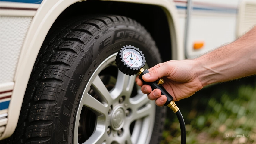 Persoon die een bandenspanningsmeter op een camperband gebruikt.