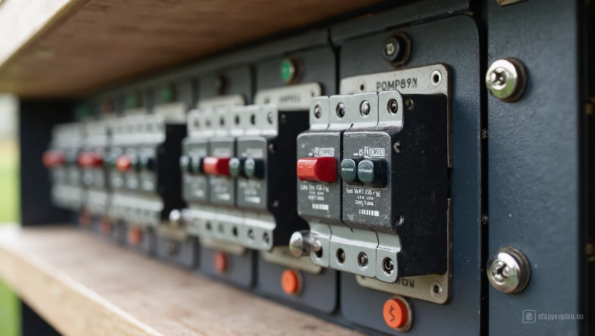 Close-up van een camperbus elektrische paneel, die de zekeringen laat zien.