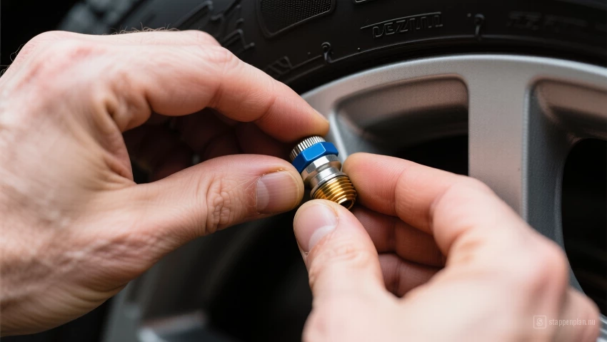 Handen die de stevigheid van de bandventieldop controleren.