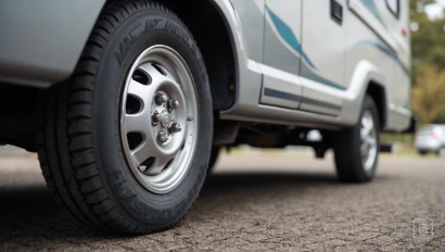Close-up van een camperband met een schone werkplek.