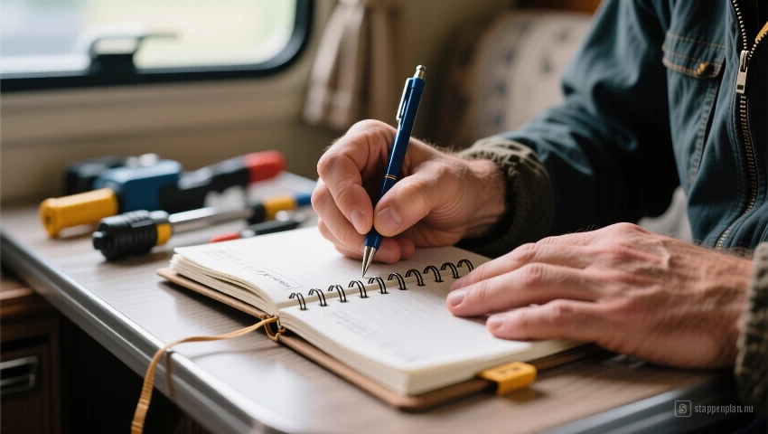 Persoon die in een onderhoudsboekje van een camper schrijft.