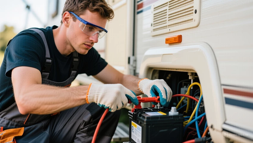 Een persoon die een camperaccu loskoppelt, met handschoenen en een veiligheidsbril.