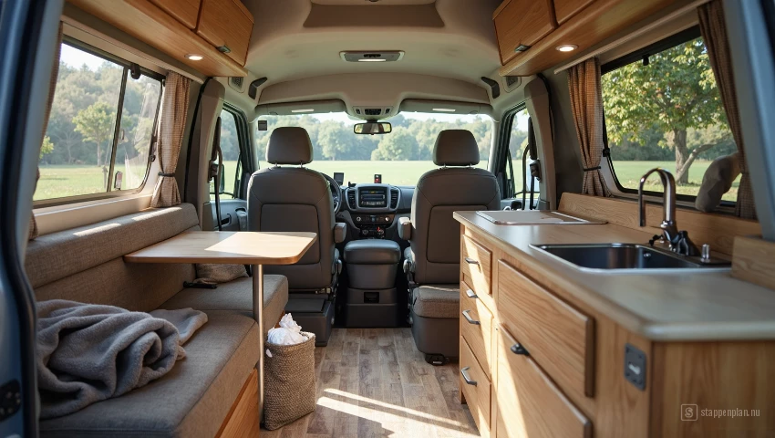 Interieur van een camper, met een schone en georganiseerde ruimte zonder voedselresten.