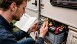 Een persoon die de spanning leest op een digitale voltmeter tijdens het inspecteren van een camperaccu.