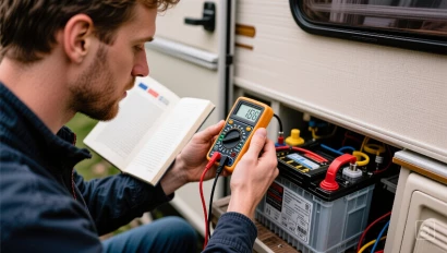Een persoon die de spanning leest op een digitale voltmeter tijdens het inspecteren van een camperaccu.