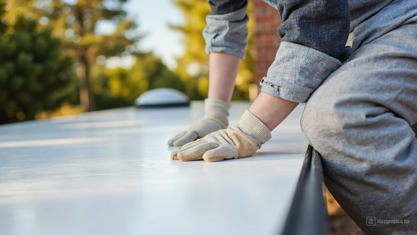 Persoon met handschoenen brengt sealant aan op het camperdak.