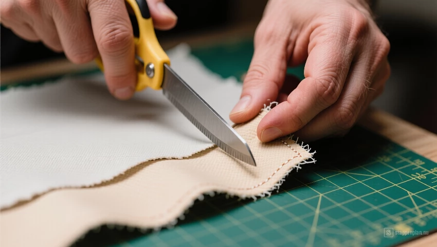 Hand die een patch knipt van reparatiemateriaal.
