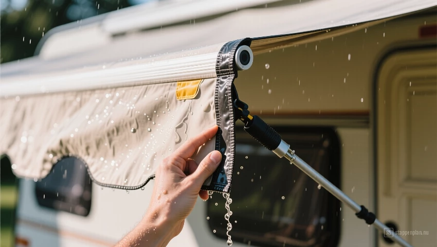 Close-up van waterdichte sealant die een barrière creëert op camperluifeldoek.