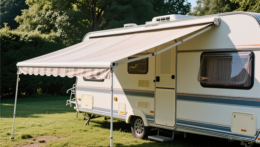 Volledig gerepareerde camperluifel uitgeschoven en in gebruik.