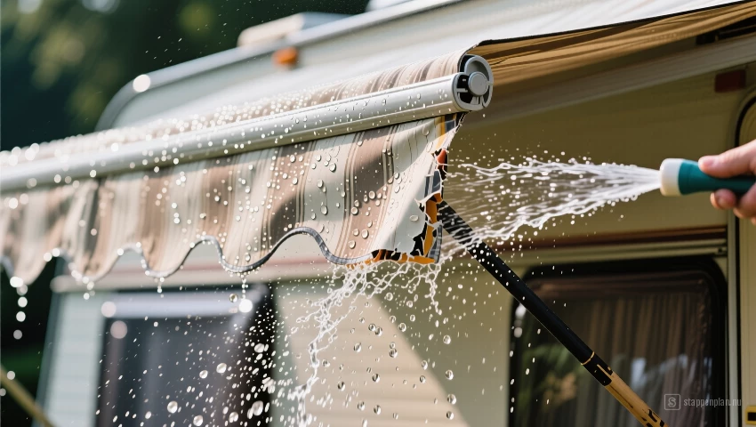 Close-up van water dat wordt gespoten op een gerepareerd gedeelte van een camperluifel.