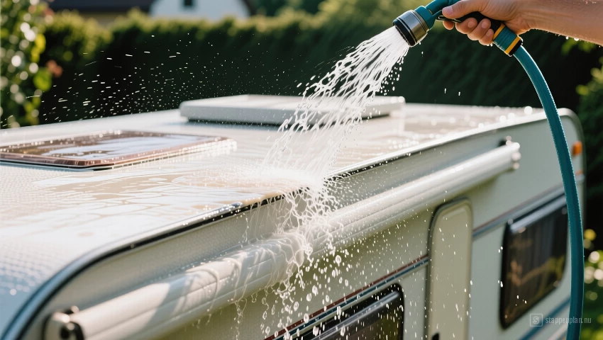 Camperdak wordt gespoeld met een tuinslang.