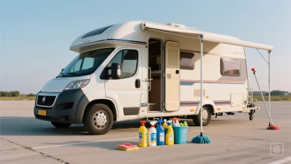 Camper geparkeerd met reinigingsmiddelen erbij.