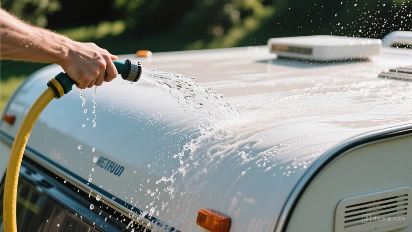 Schoon water stroomt uit een slang en spoelt een camperdak.