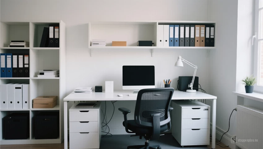 Schoon en georganiseerd bureau met minimale rommel.