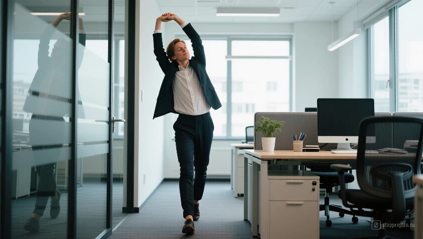 Persoon stapt weg van het bureau om te rekken en een pauze te nemen.