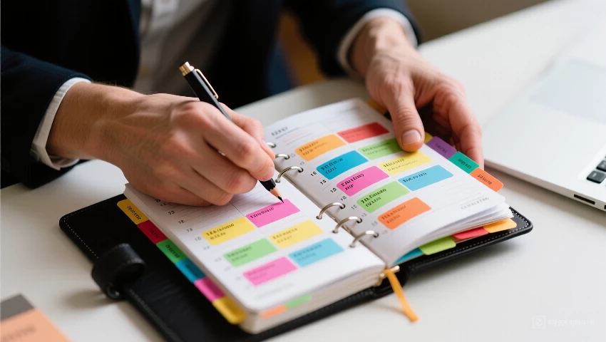 Persoon organiseert de dag in een kleurrijke planner.