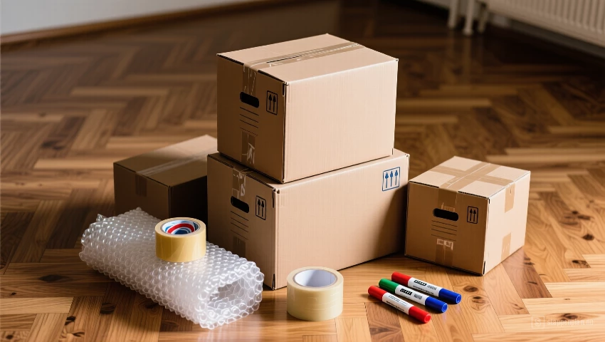 Stapel verhuisdozen, tape en bubbelplastic.