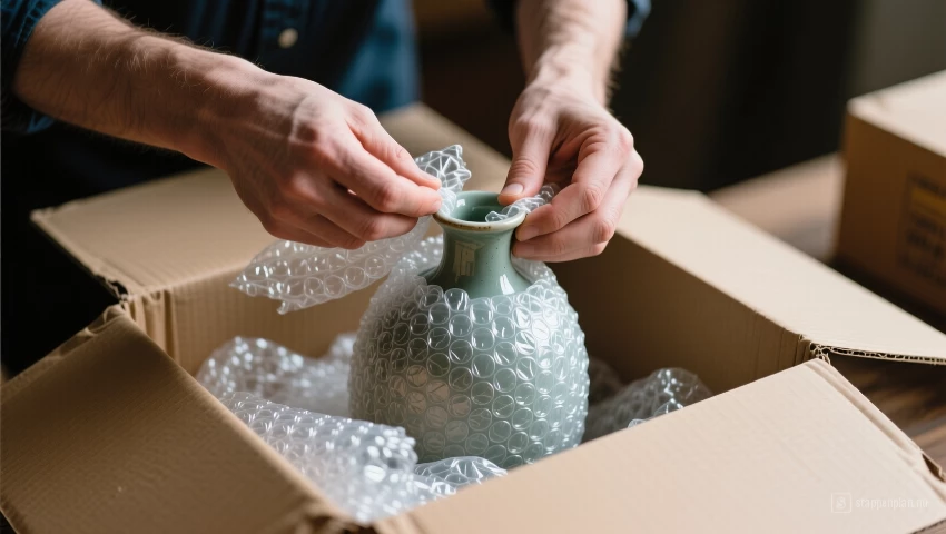 Persoon verpakt een vaas in bubbelplastic.