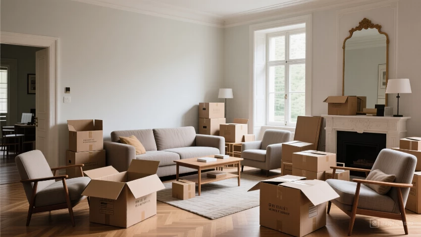 Woonkamer gedeeltelijk uitgepakt.