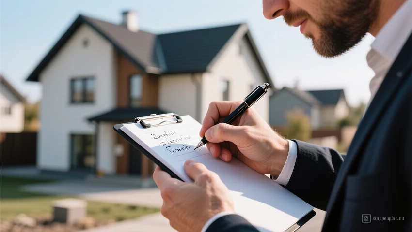 Persoon noteert observaties over de staat van een nieuwe woning.