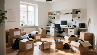 Lege werkruimte met gesorteerde dozen.