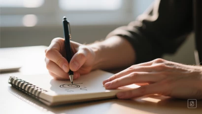 Hand schrijft prioriteiten op in een notitieboekje.