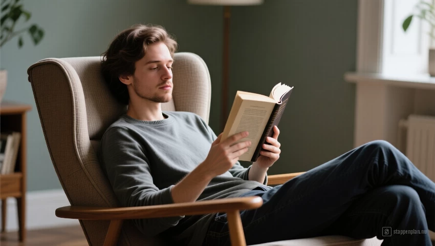 Persoon leest een boek in een comfortabele stoel.