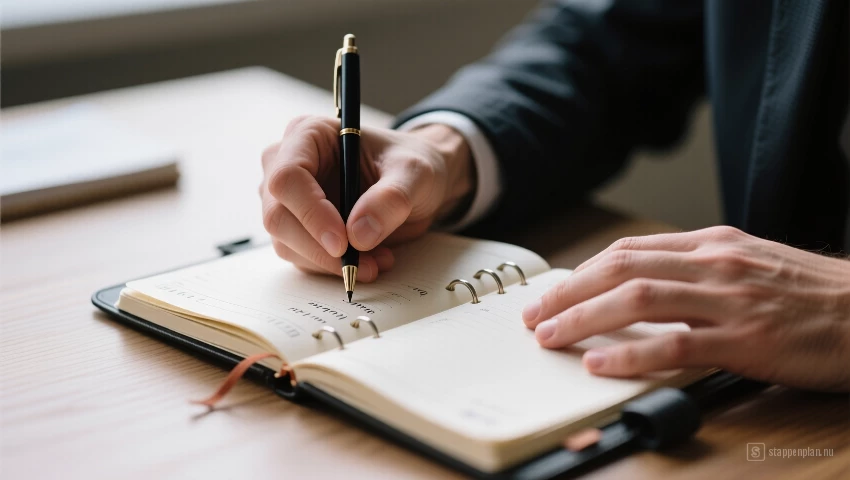 Persoon schrijft in een planner aan het einde van de dag.