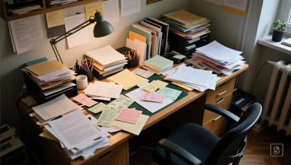 Rommelige kantoor tafel met veel papier