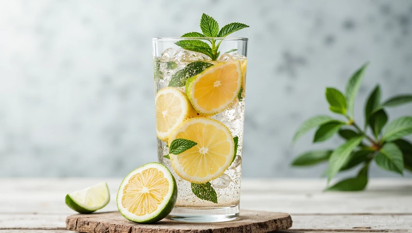 Glas water met verse fruitschijfjes.