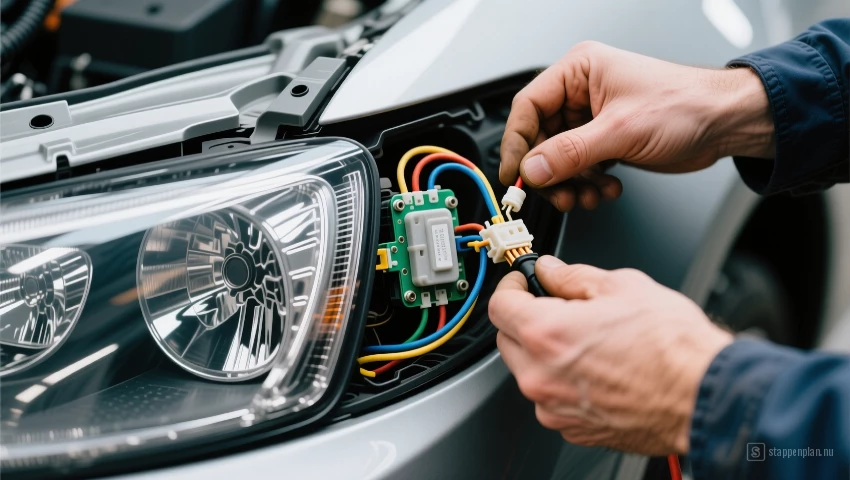 Koplampbedrading met monteur die kabelboom ontkoppelt.
