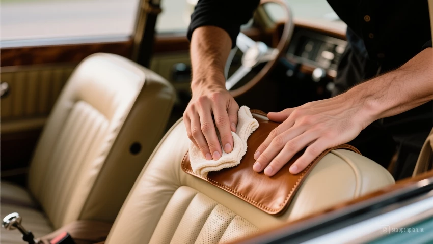 Persoon brengt lederreiniger aan op stoelen.