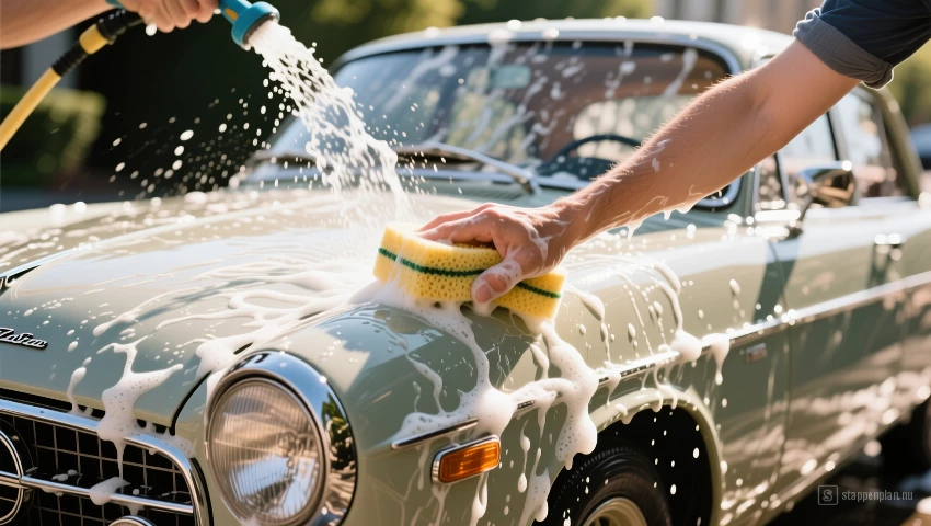 Oldtimer wordt gewassen