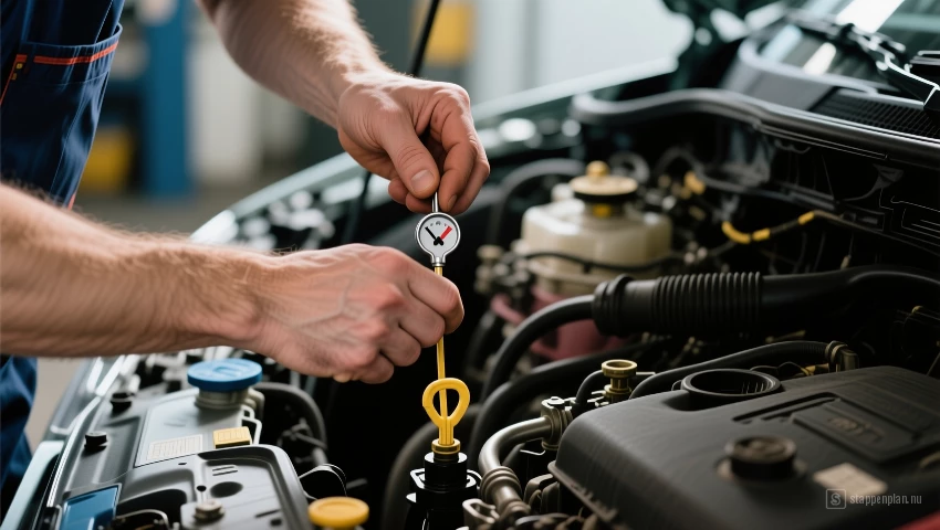 Monteur controleert het oliepeil.