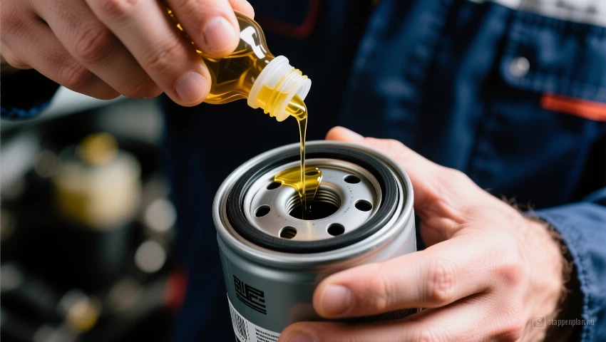 Monteur smeert oliefilter in.