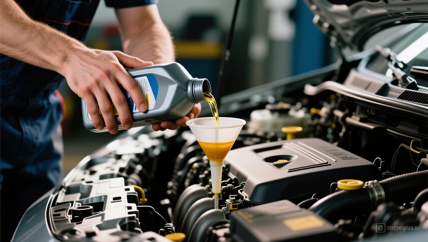 Monteur giet olie in de motor.