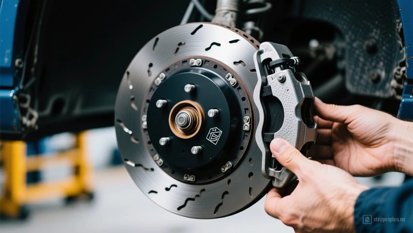 Gedetailleerde weergave van de correct geïnstalleerde remklauw en remschijf.