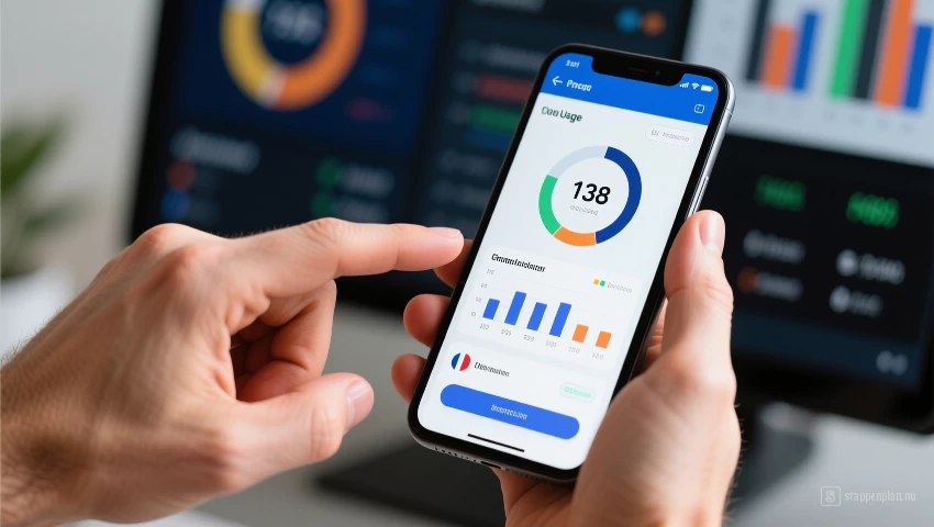 Hand die naar een smartphone wijst met data verbruik statistieken.