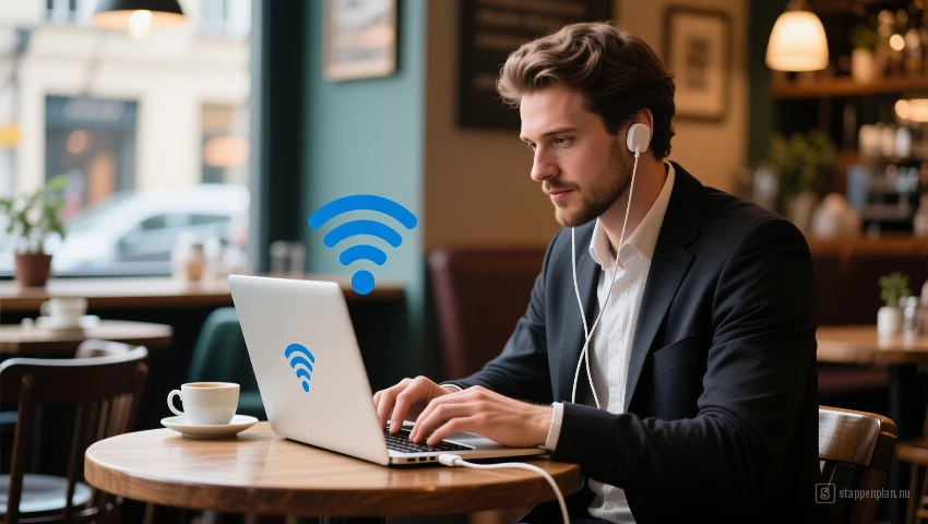Persoon die een laptop gebruikt in een café, verbonden met gratis Wi-Fi.